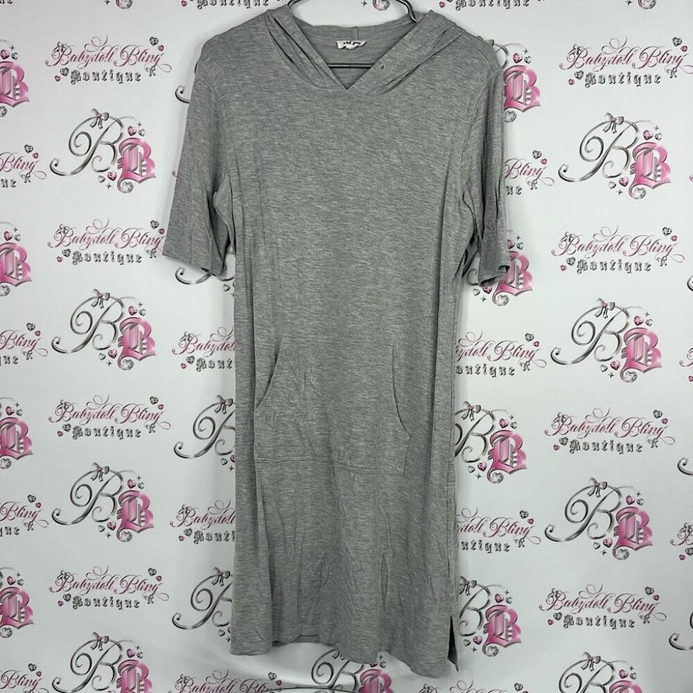 Tribal dress grey hoodie style kangaroo pocket front Hooded Midi Dress